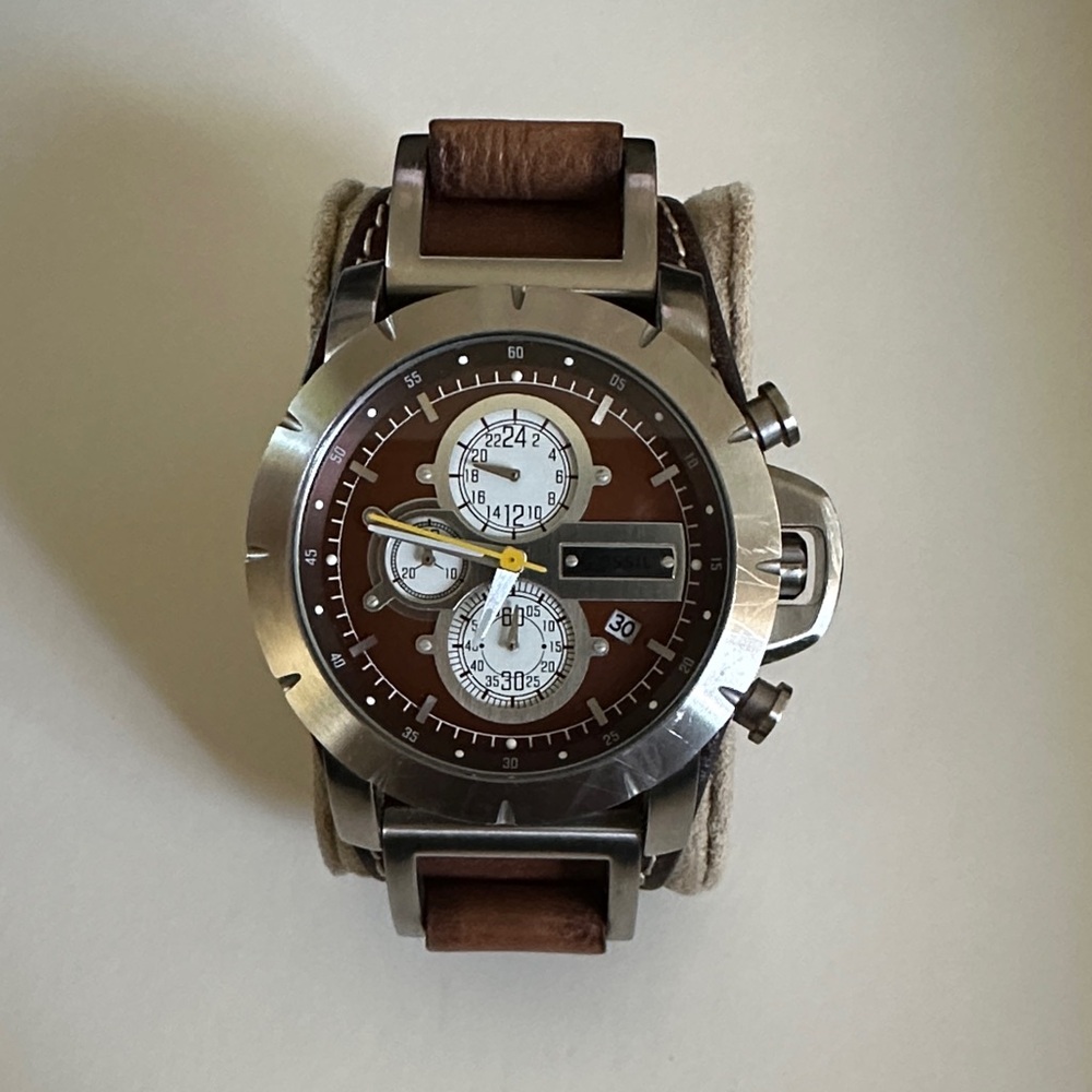 Fossil Chronograph Silver and Brown Leather Watch Wristwatch Date Window